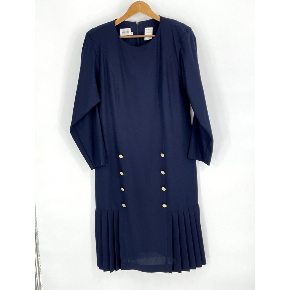 Vtg Leslie Fay Collections Women 14‎ Dress Blue Button Front Pleated Made in USA